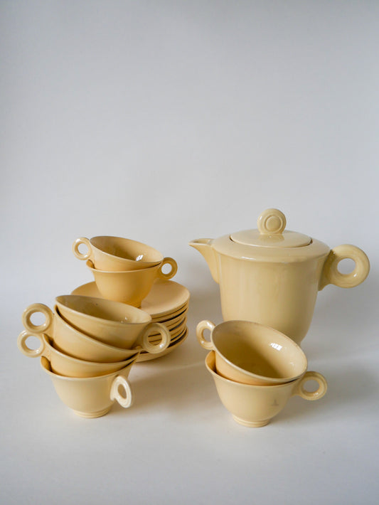 Service à thé composé d'une théière et de 8 tasses en céramique Digoin Sarreguemines crème Design 1950