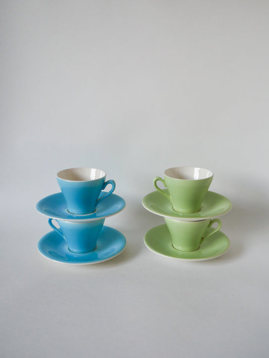 Lot de 4 tasses à café vert et bleu pastel 1950