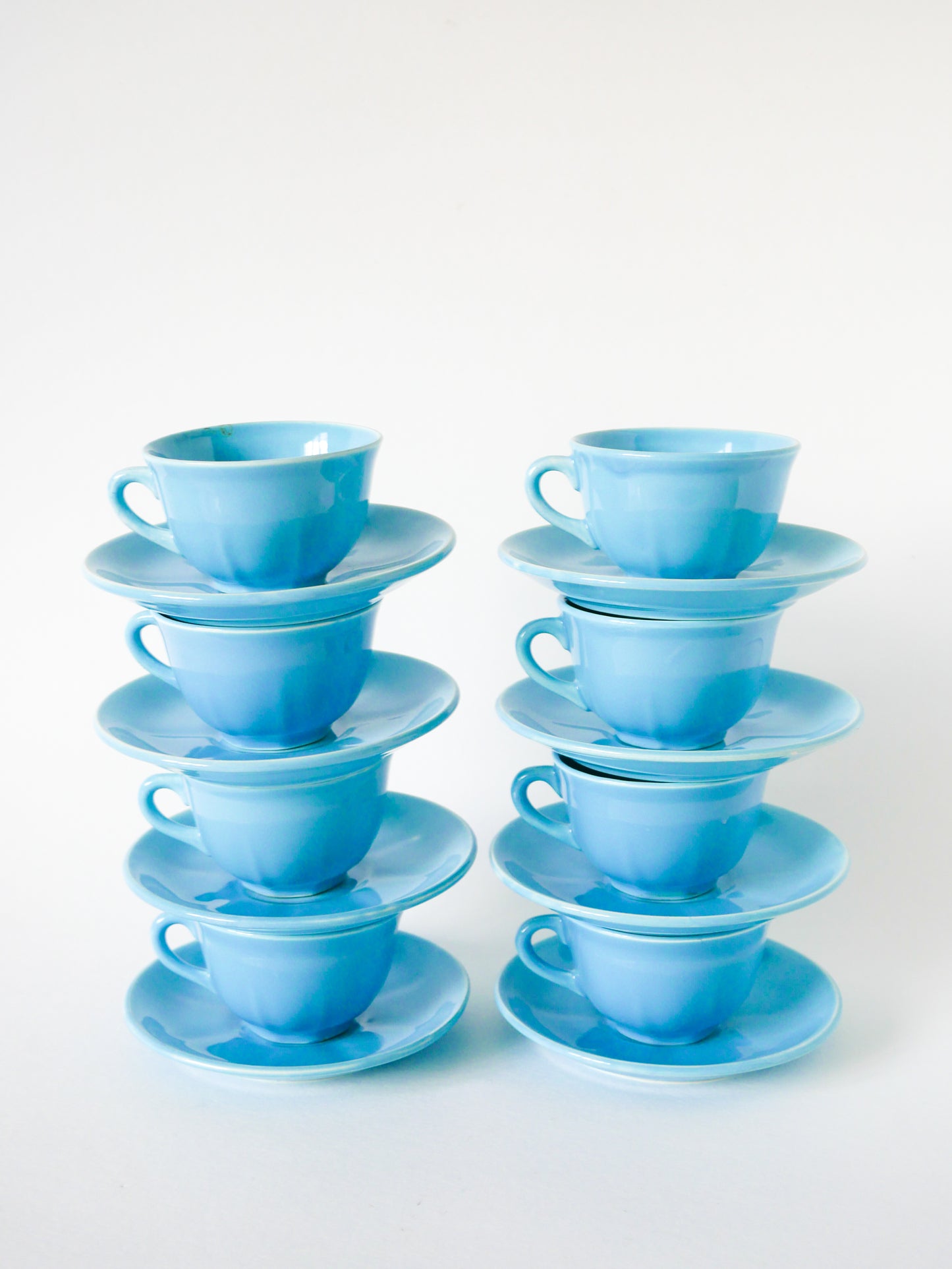 Ensemble de 8 tasses à café et soucoupes, FB Badonviller, Bleu Ciel, 1950