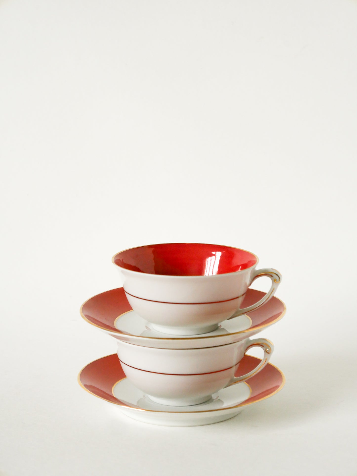 Duo de tasses à café colorées GDA Limoges, Brique, Made in France, 1950