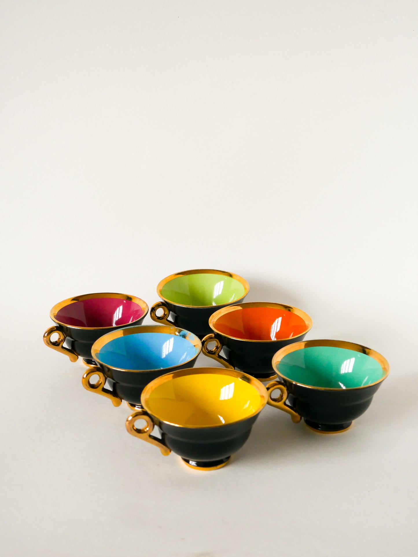 Ensemble de 6 tasses et sous-tasses à café, Noir, Doré & Multicolore, Design, 1960