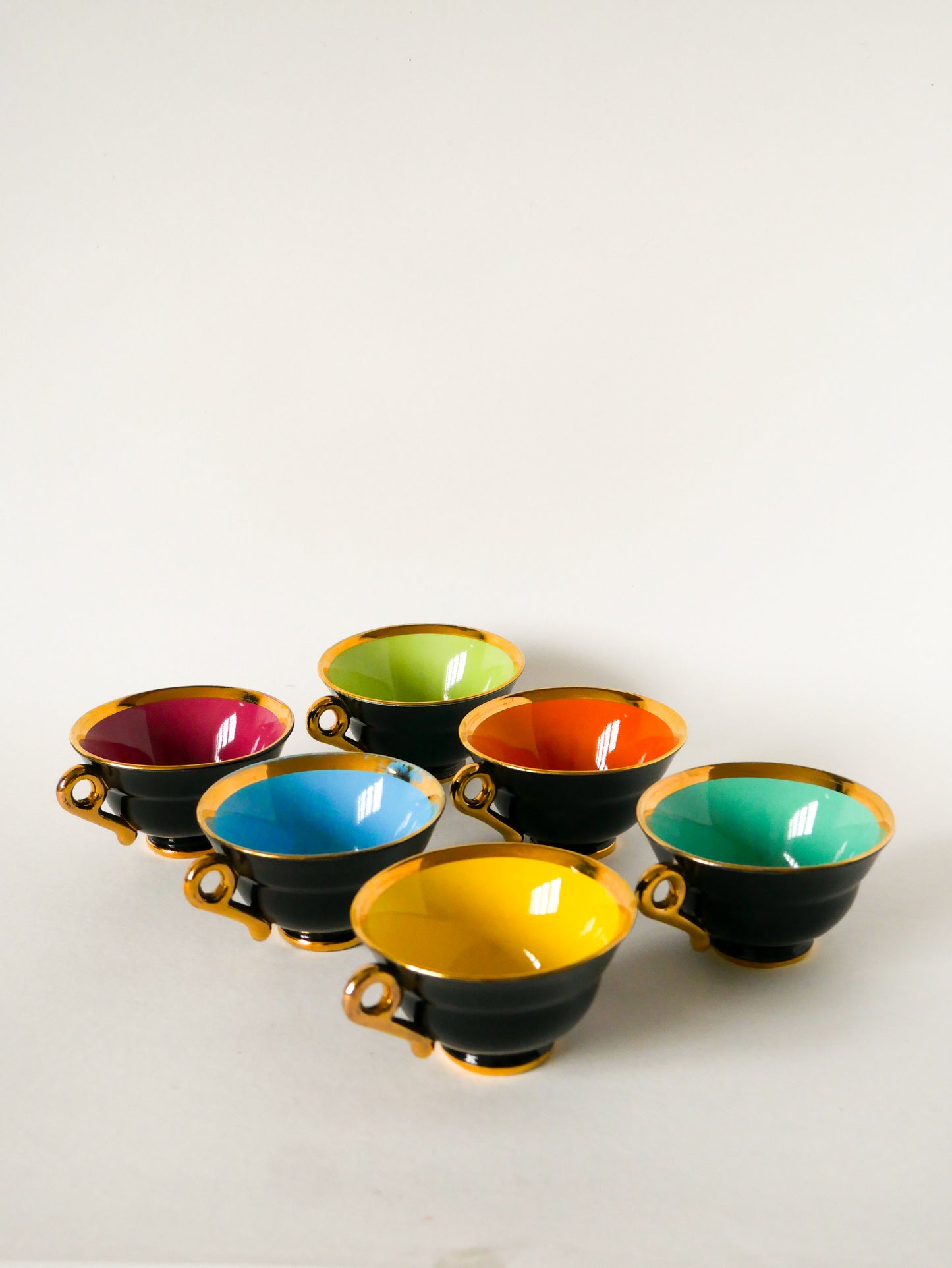 Ensemble de 6 tasses et sous-tasses à café, Noir, Doré & Multicolore, Design, 1960