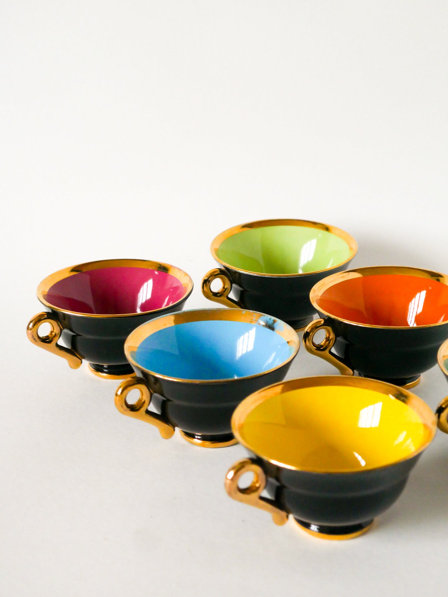 Ensemble de 6 tasses et sous-tasses à café, Noir, Doré & Multicolore, Design, 1960