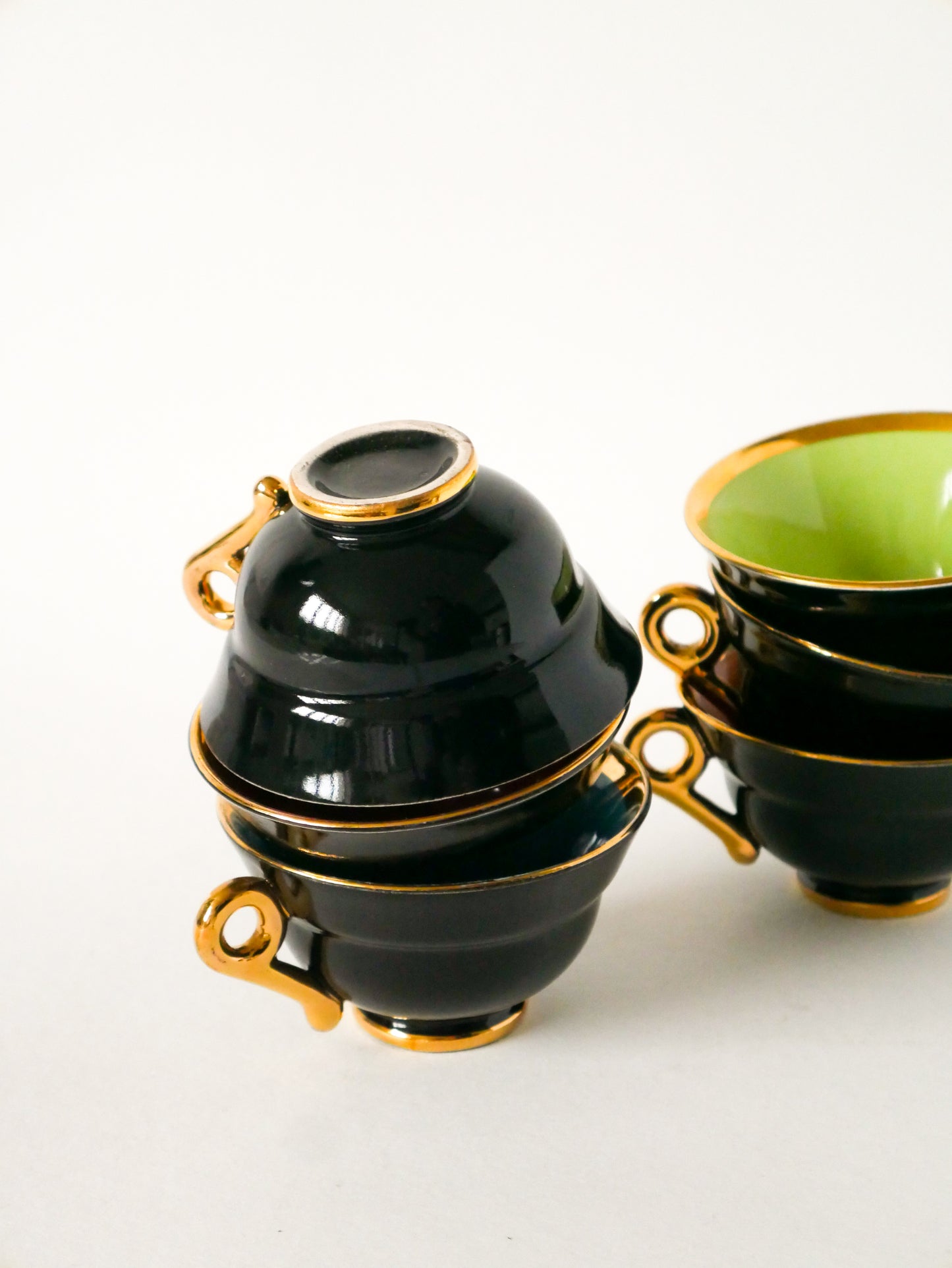 Ensemble de 6 tasses et sous-tasses à café, Noir, Doré & Multicolore, Design, 1960