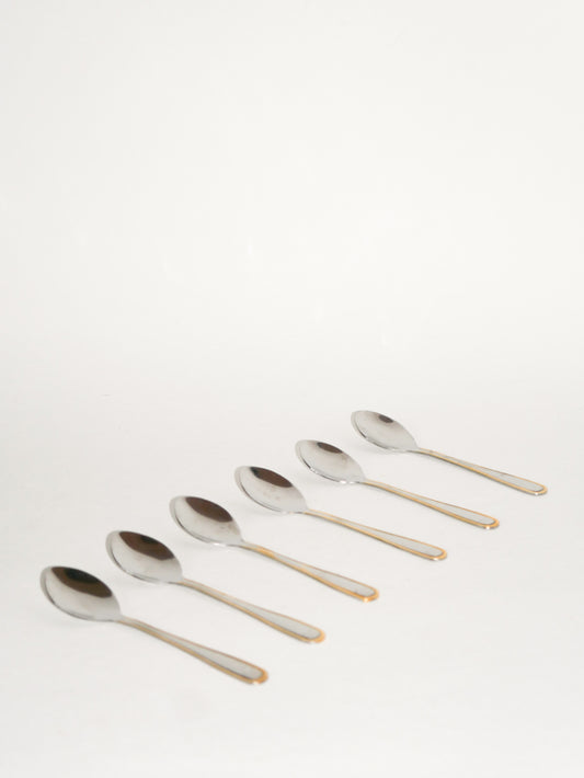 Ensemble de 6 cuillères en inox, Argenté et Doré, Design, 1970