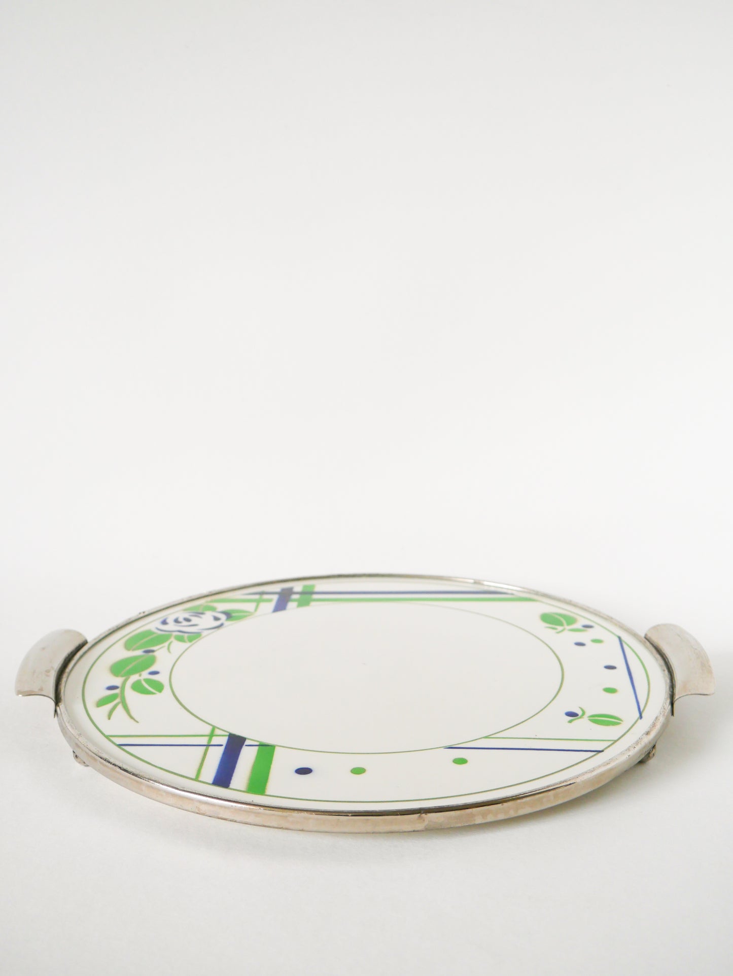 Plat à gâteau Digoin Sarreguemines, en faïence et chrome, modèle Beaujeu, Vert et Bleu, 1960