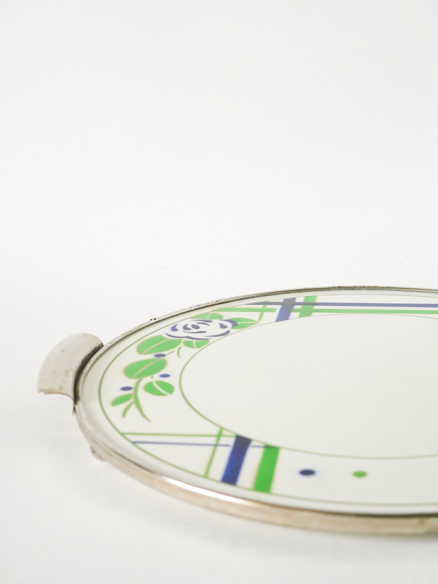 Plat à gâteau Digoin Sarreguemines, en faïence et chrome, modèle Beaujeu, Vert et Bleu, 1960