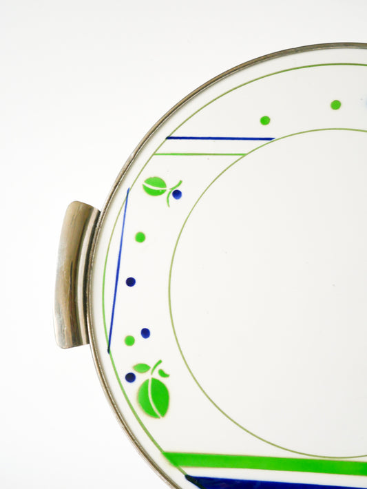 Plat à gâteau Digoin Sarreguemines, en faïence et chrome, modèle Beaujeu, Vert et Bleu, 1960