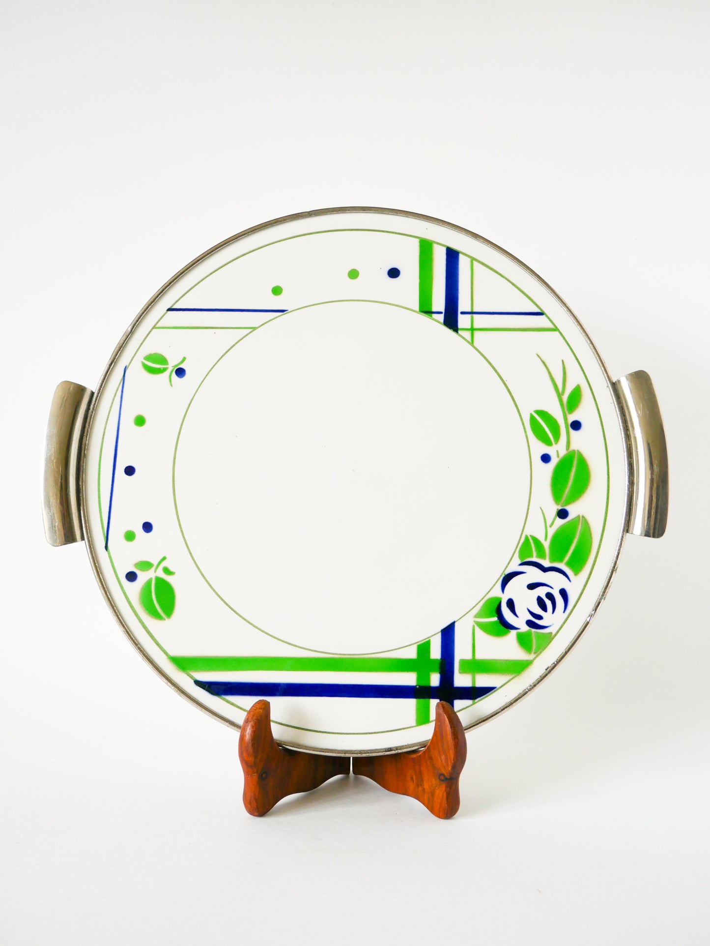 Plat à gâteau Digoin Sarreguemines, en faïence et chrome, modèle Beaujeu, Vert et Bleu, 1960