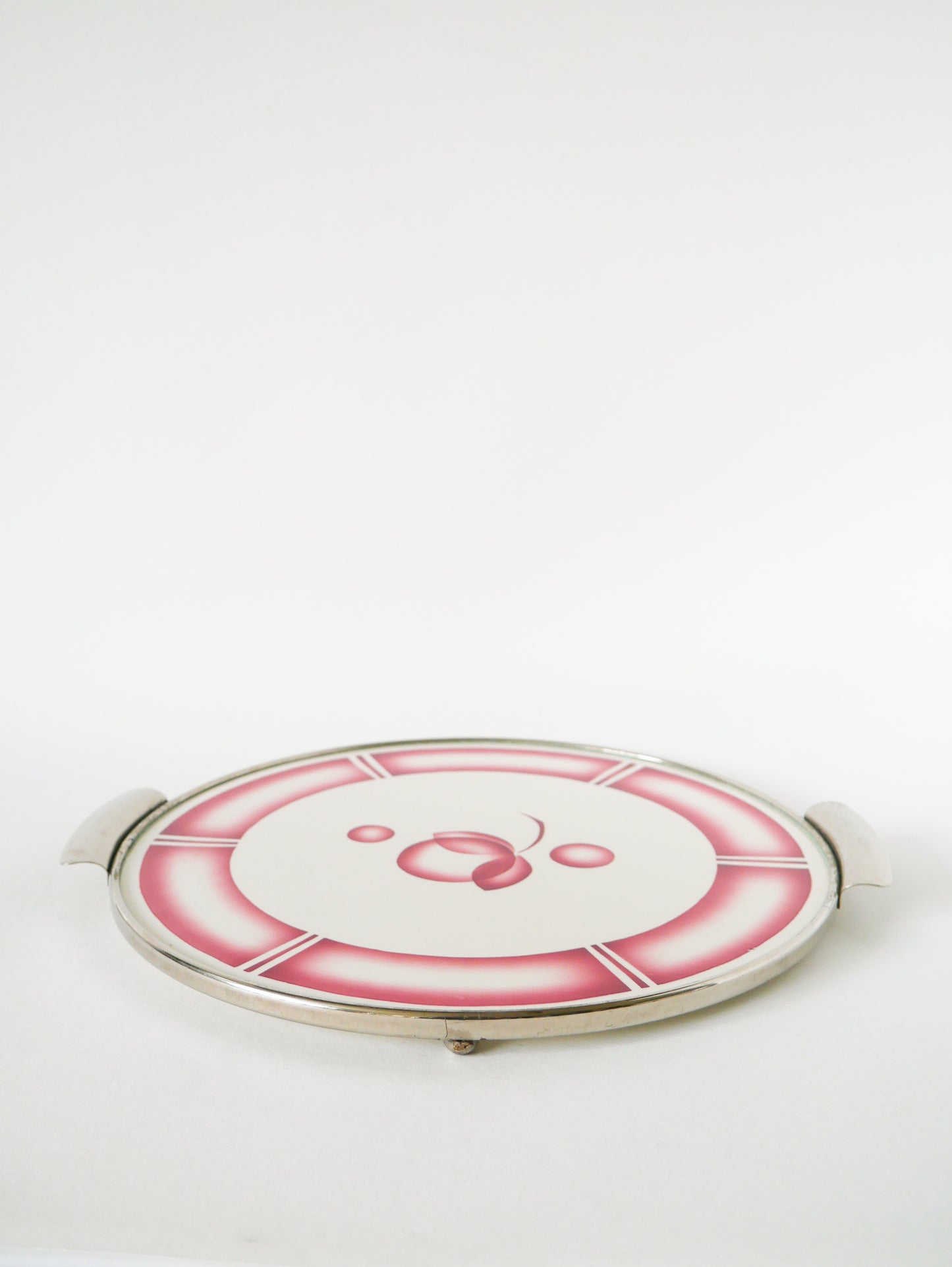 Plat à gâteau Digoin Sarreguemines, en faïence et chrome, modèle Beatrix, Rose, 1960