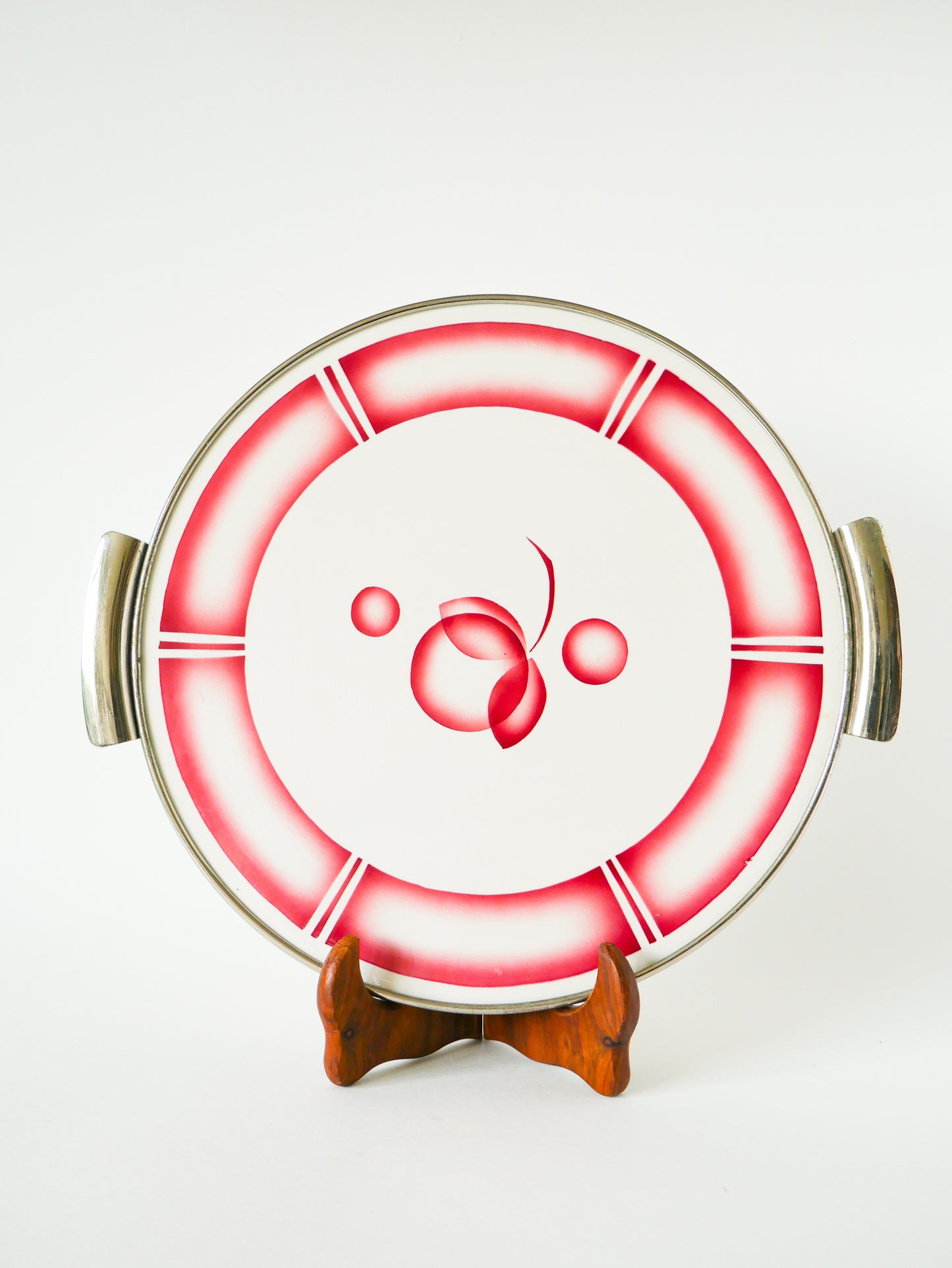 Plat à gâteau Digoin Sarreguemines, en faïence et chrome, modèle Beatrix, Rose, 1960