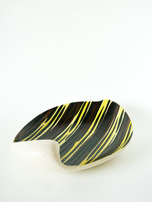 Grande coupe en céramique forme Libre, Lignes, peint à la main, Jaune, Marron et Noir, 1960