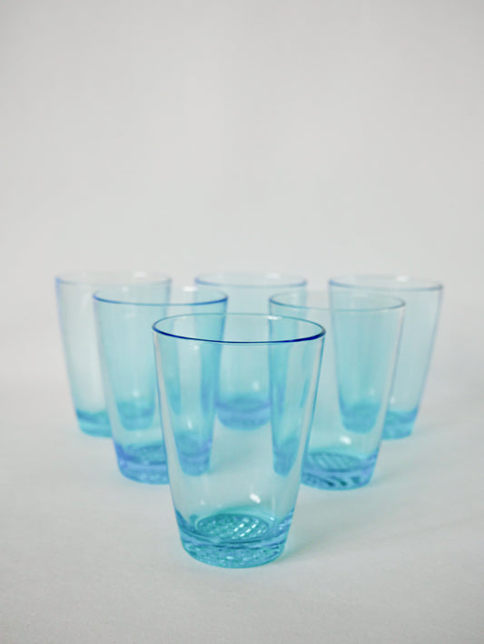 Lot de 7 verres à eau Made in France en verre bleu, 1970