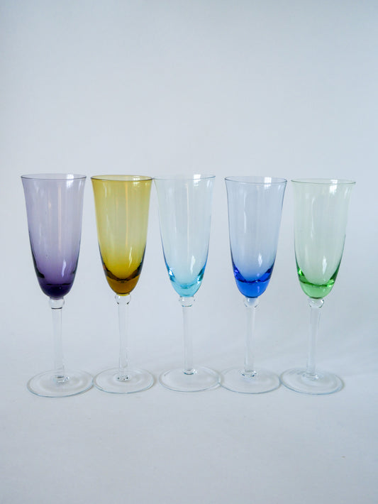 Ensemble de 5 flûtes en verre coloré multicolores 1970