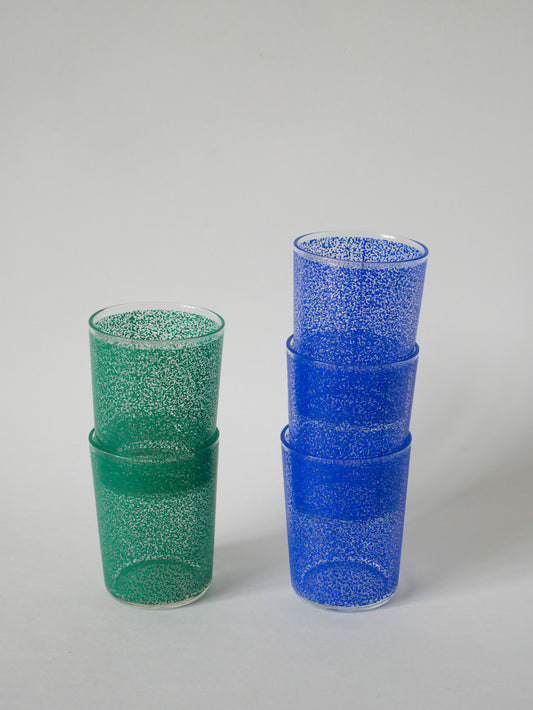 Ensemble de 5 verres à eau vert et bleus, 1970