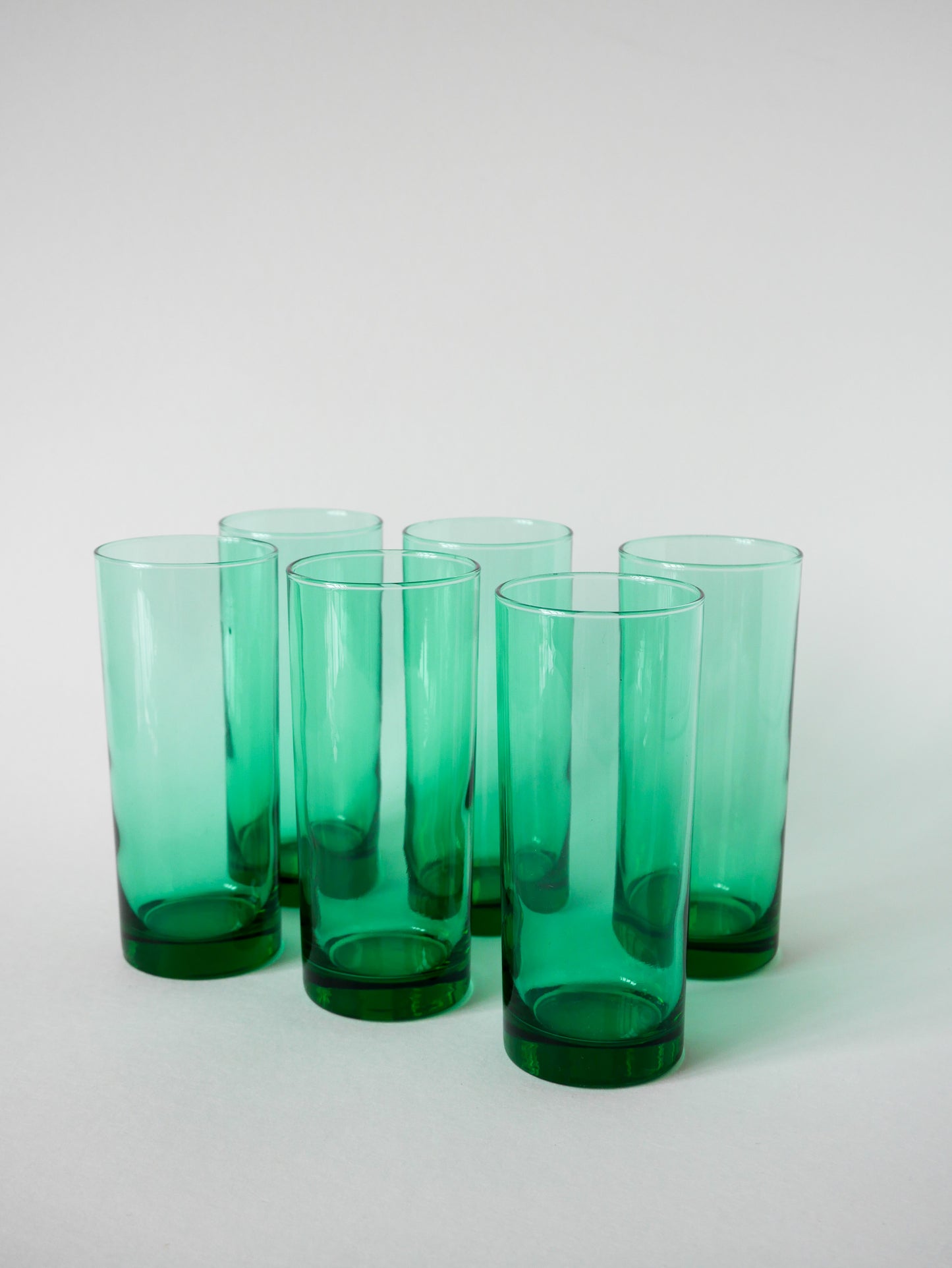 Lot de 6 verres à eau en verre vert, Long Drink, Design, 1970