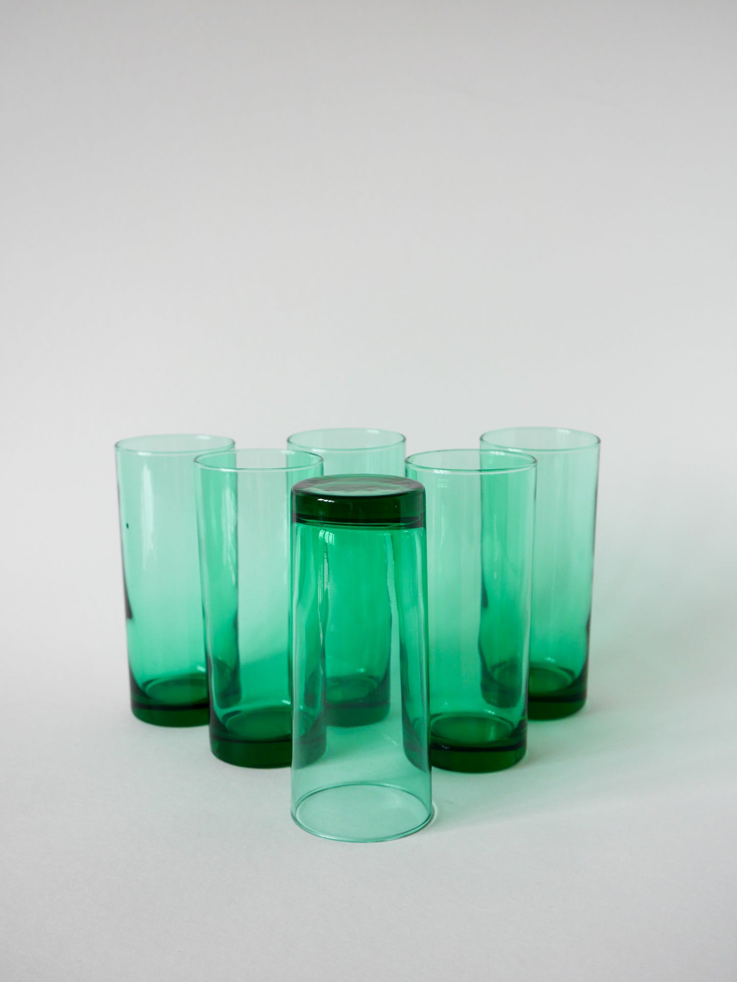 Lot de 6 verres à eau en verre vert, Long Drink, Design, 1970