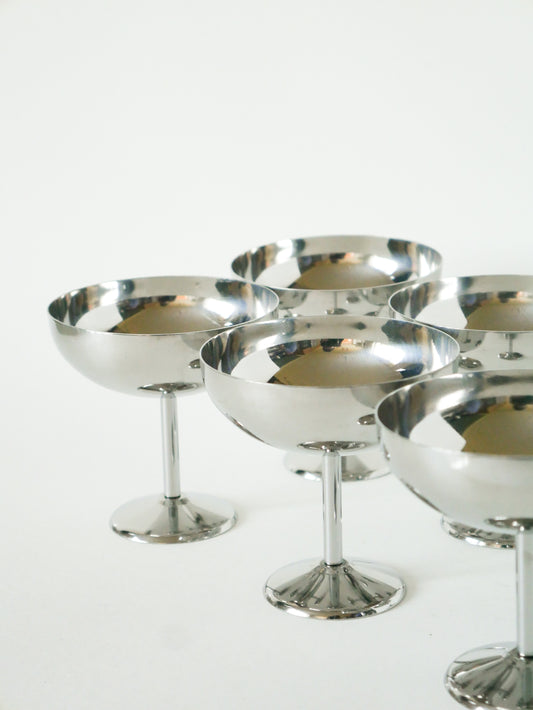 Lot de 6 coupes à glace en inox hautes, pieds fins, Made in France, Design, 1970