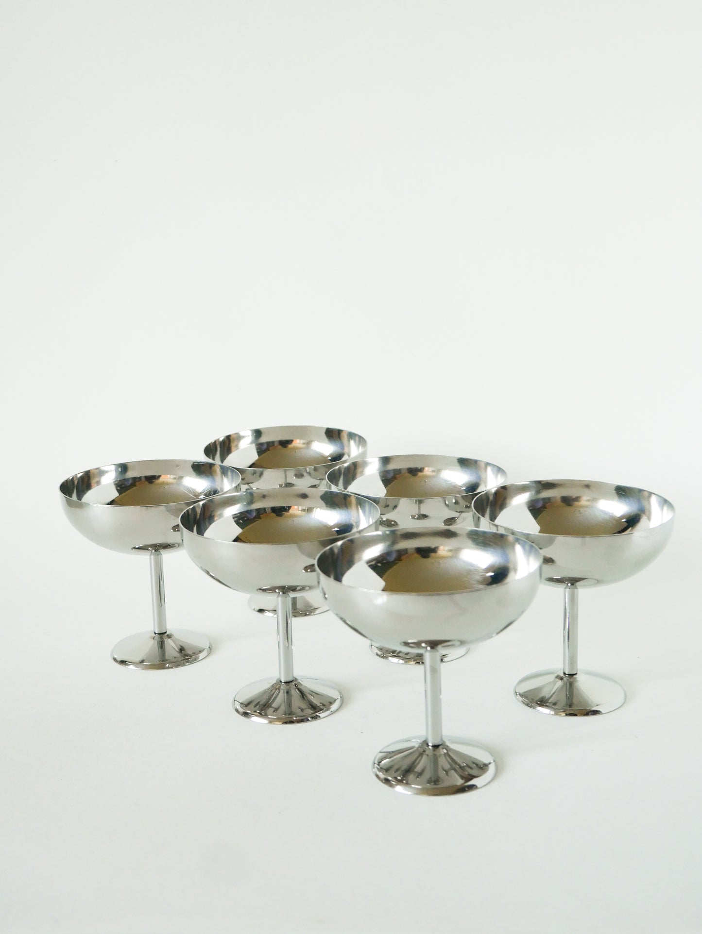 Lot de 6 coupes à glace en inox hautes, pieds fins, Made in France, Design, 1970