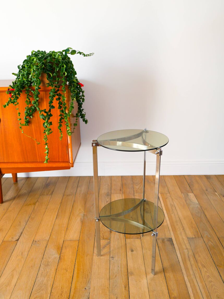 Sellette tripode en chrome et verre fumé, double étages, Design, 1970