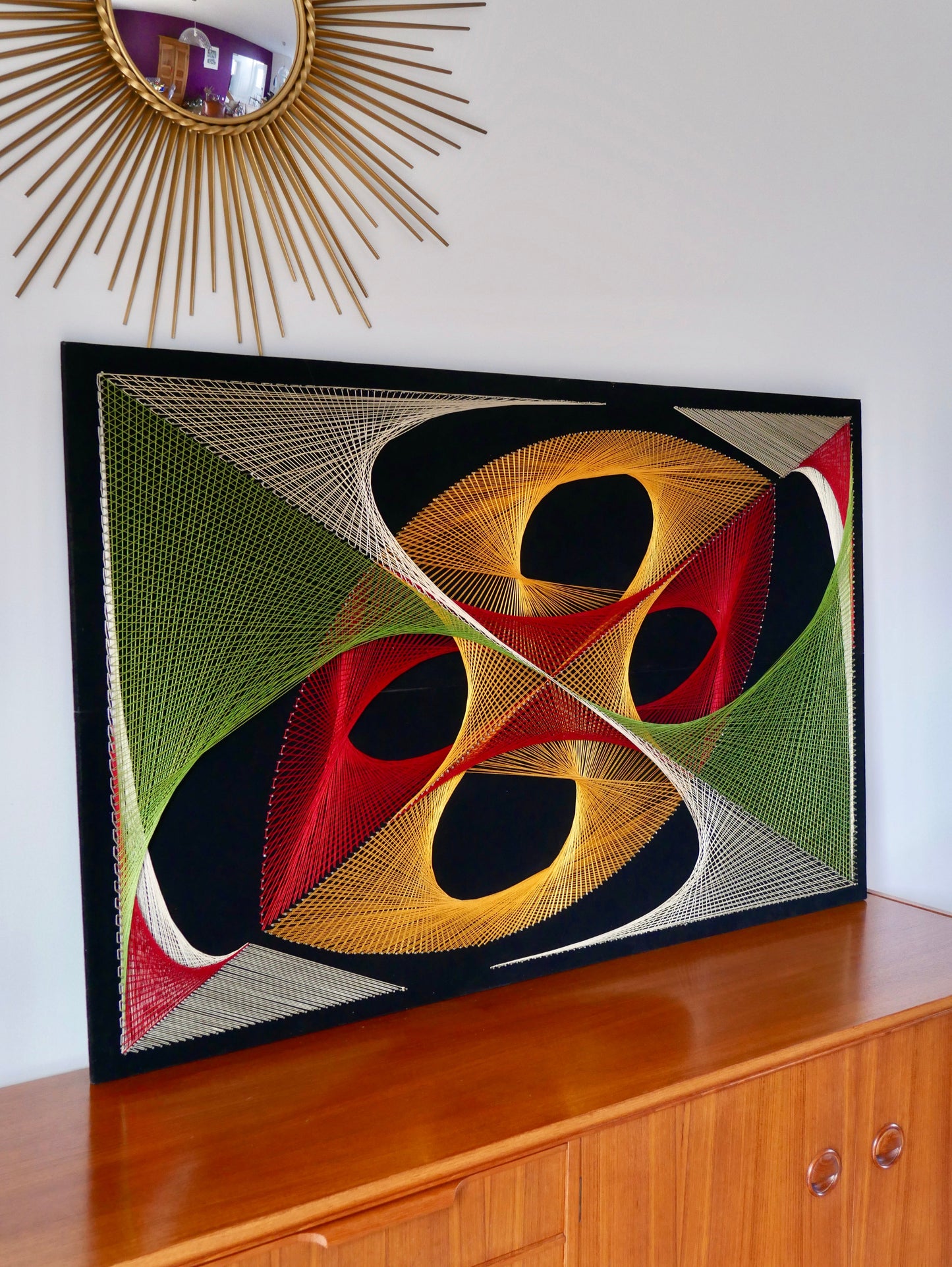 Grand tableau design psychédélique point et fil multicolore années 1970