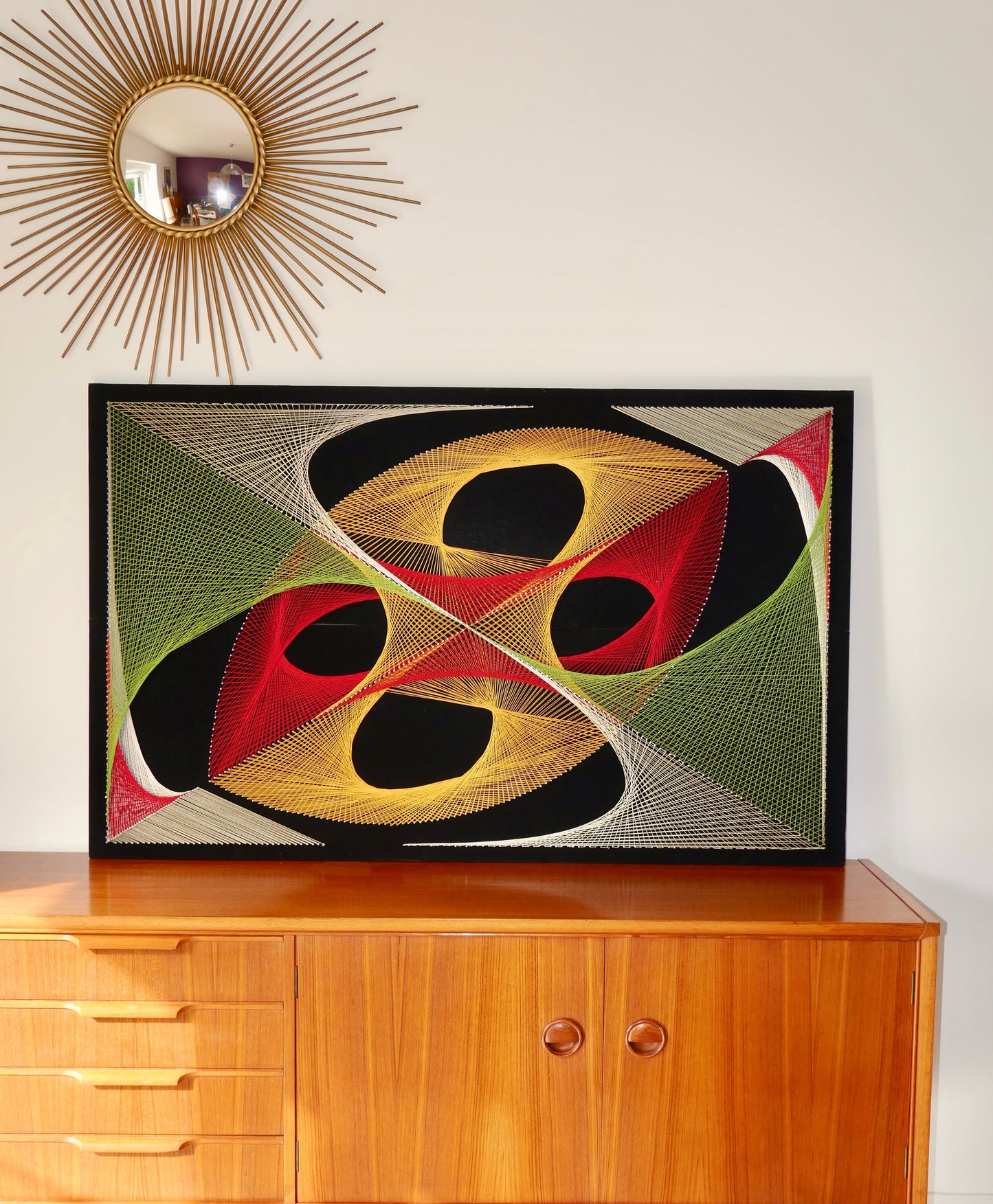 Grand tableau design psychédélique point et fil multicolore années 1970