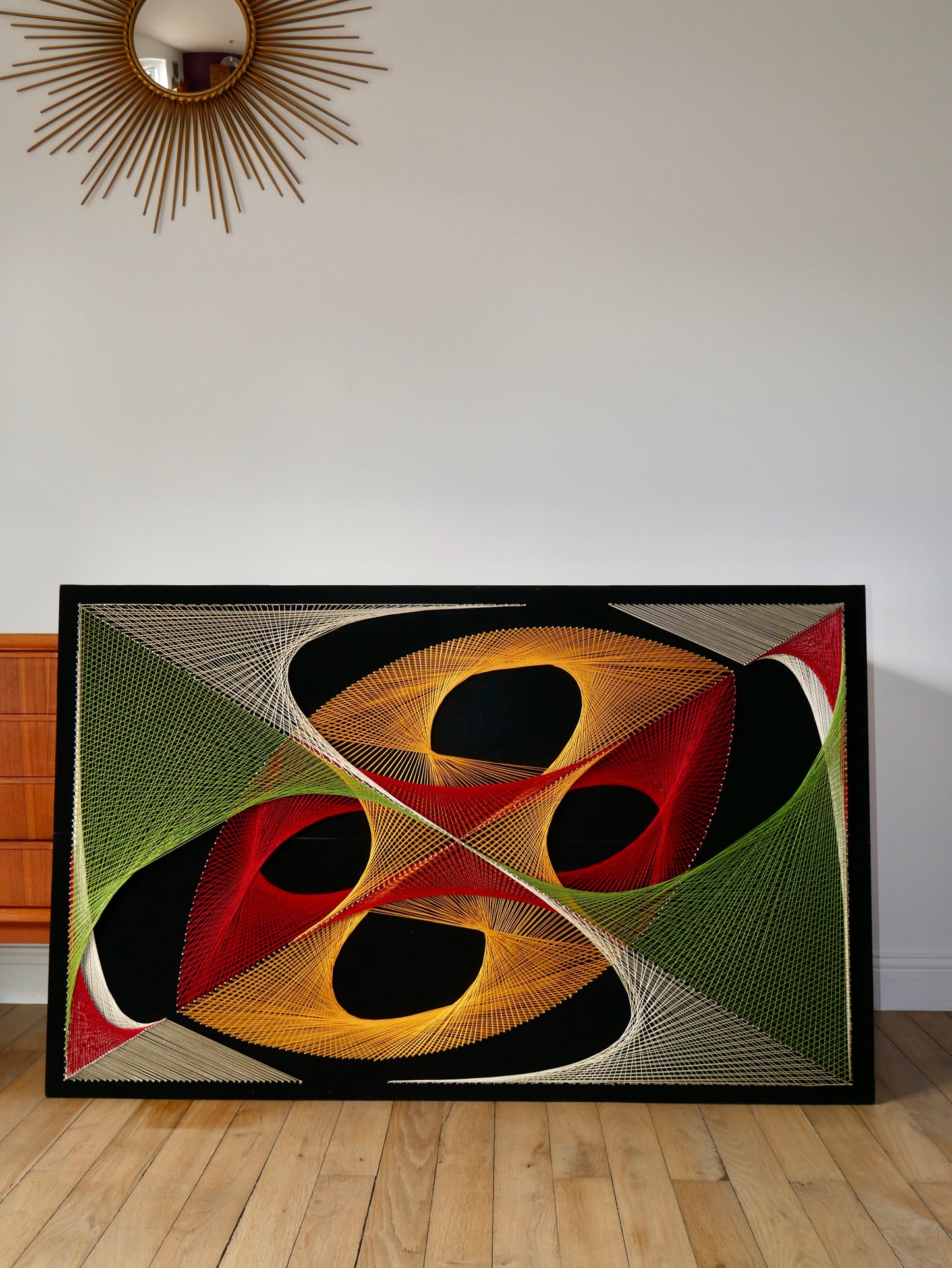 Grand tableau design psychédélique point et fil multicolore années 1970