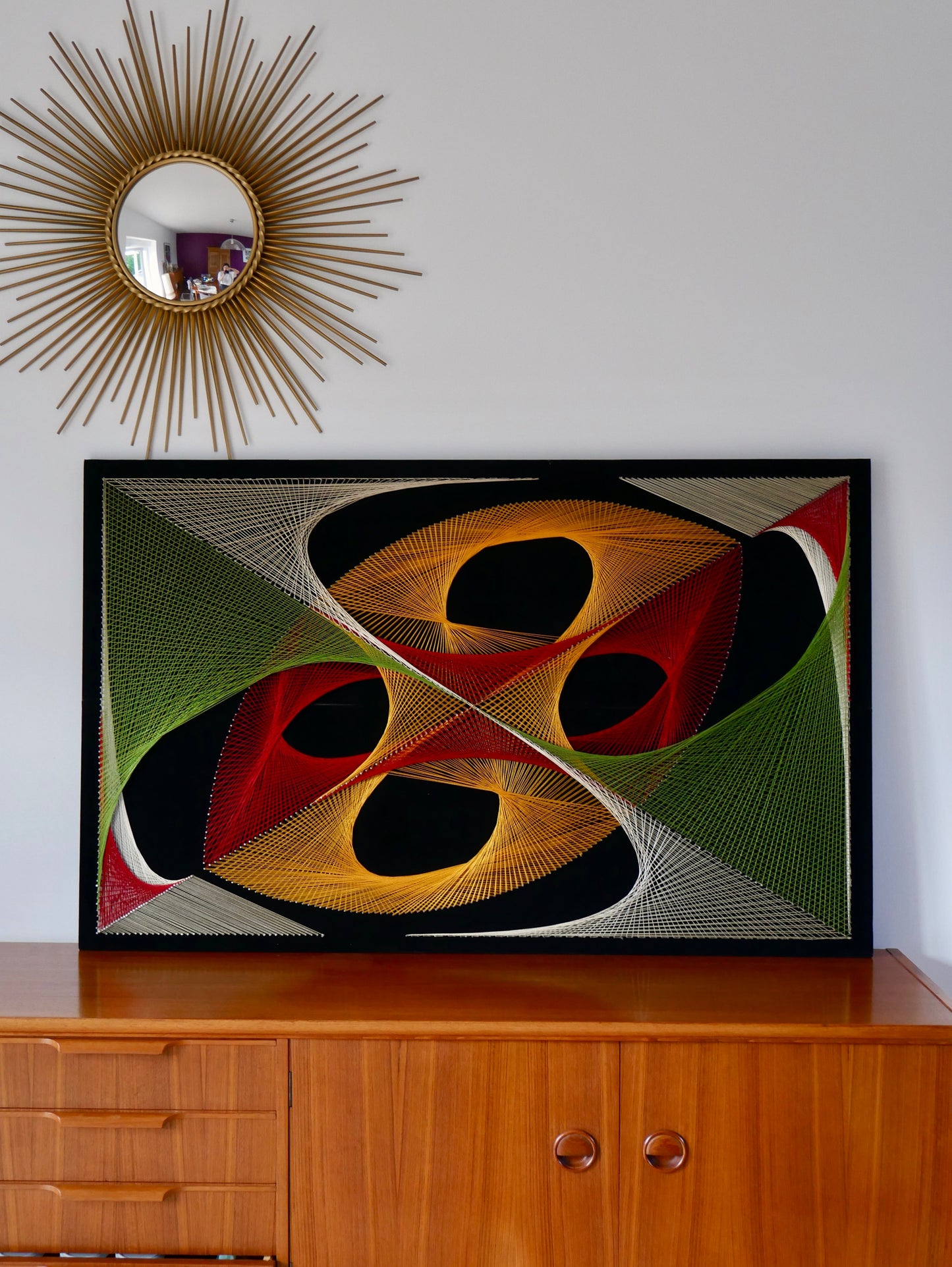 Grand tableau design psychédélique point et fil multicolore années 1970