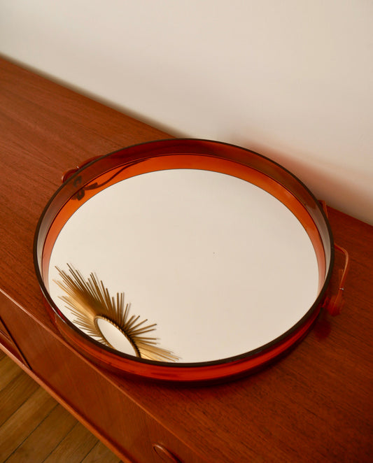 Miroir casquette marron orangé en plexi et lanière en cuir Made in France 1974