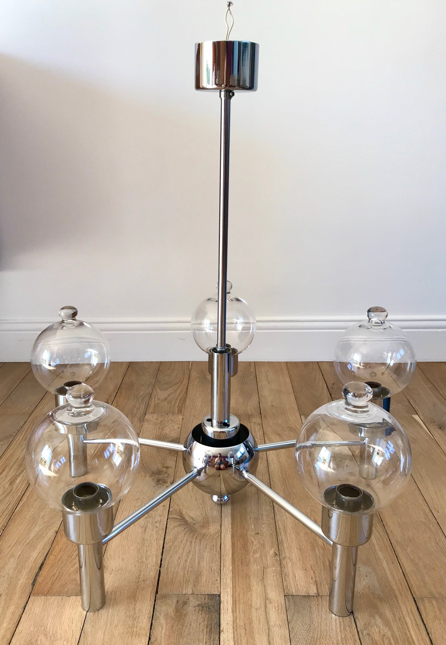 Suspension design en chrome et boules en verre 5 feux Space Age années 70