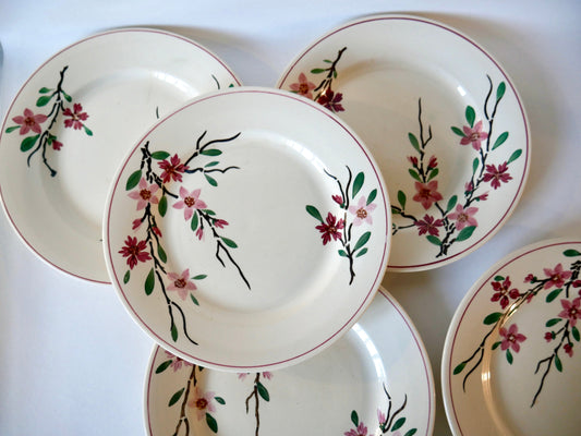 Lot de 5 assiettes plates Digoin Sarreguemines modèle Aigues-Vives peintes à la main années 30-40