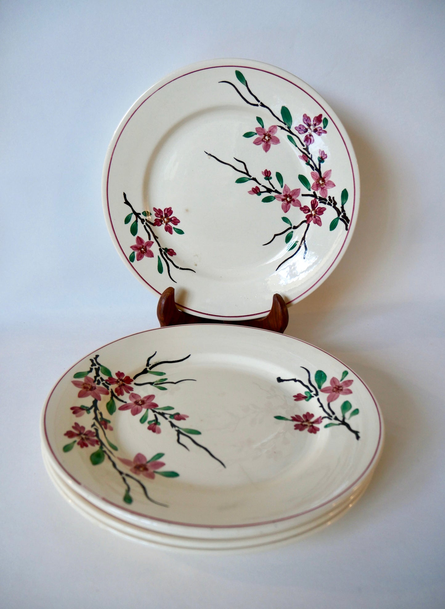 Lot de 5 assiettes plates Digoin Sarreguemines modèle Aigues-Vives peintes à la main années 30-40