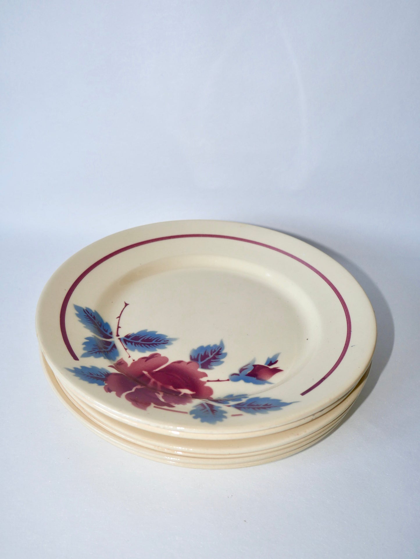 Lot de 6 assiettes plates beiges à fleurs roses Moulin des Loups années 40-50