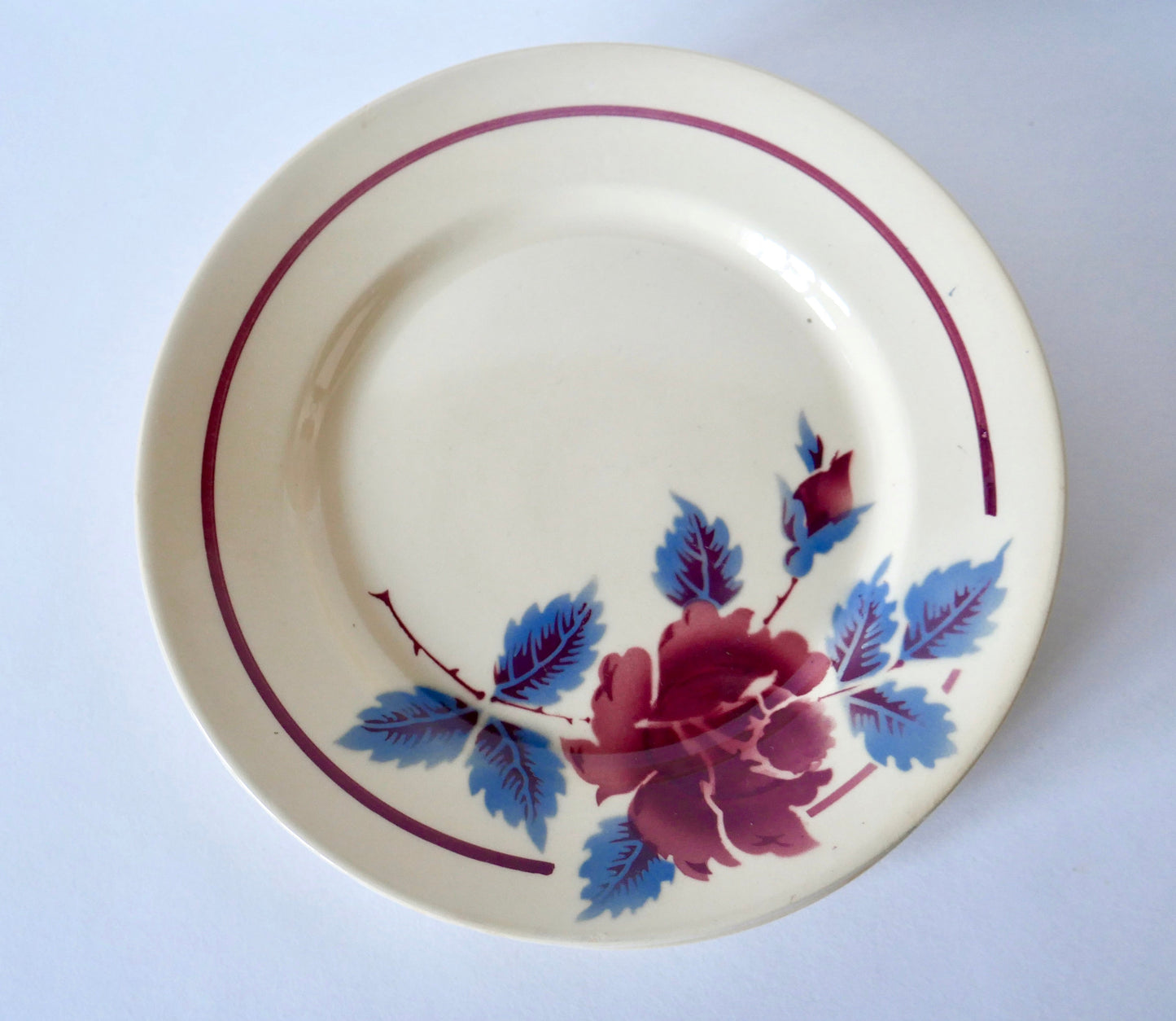 Lot de 6 assiettes plates beiges à fleurs roses Moulin des Loups années 40-50