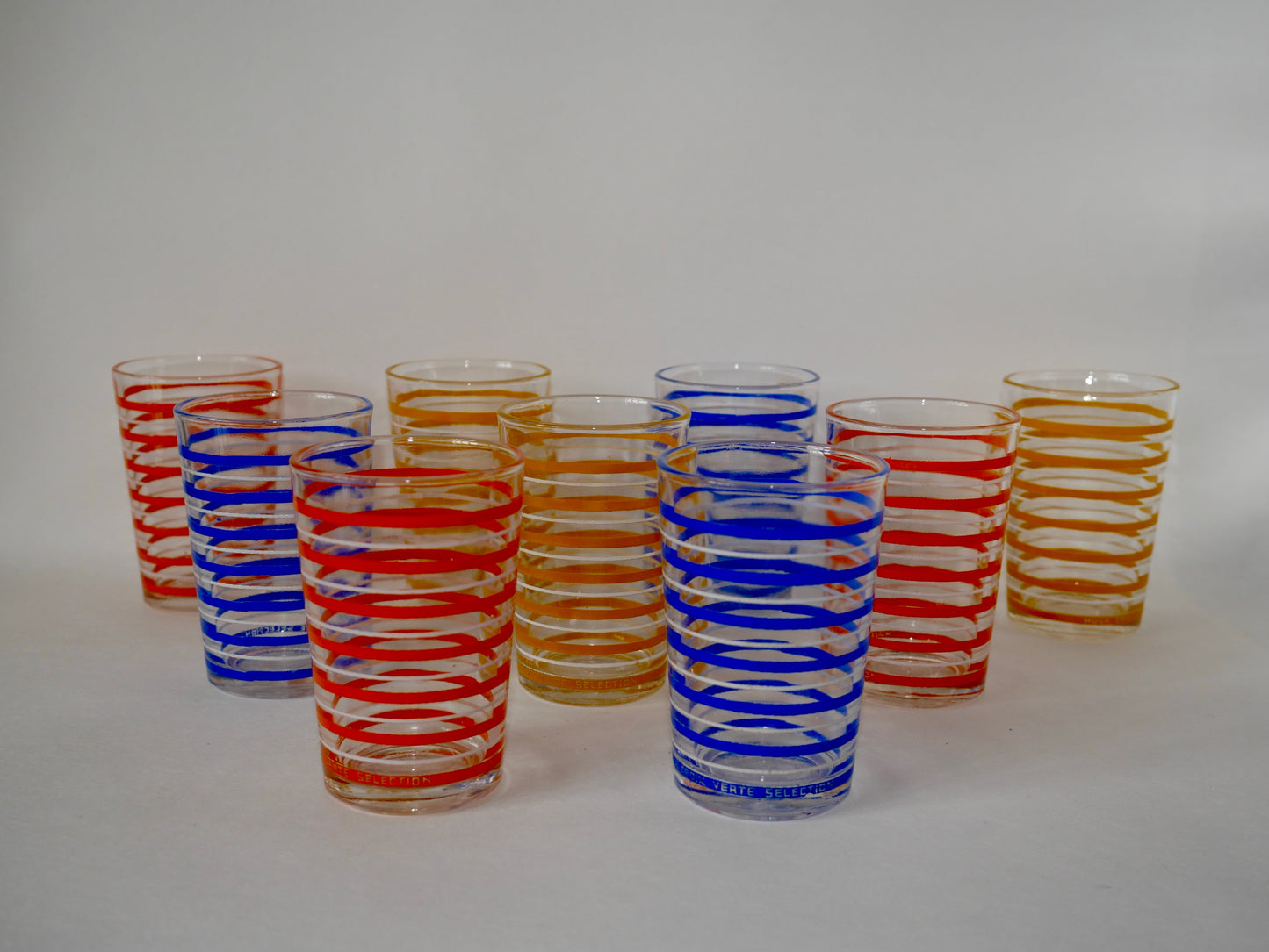 Lot de 9 verres à eau à spirale vintage publicitaires années 70